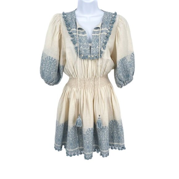 Zimmermann Helm Split Neck Jacquard Fringe Tassel Linen Lace Mini Dress - Picture 5 of 12
